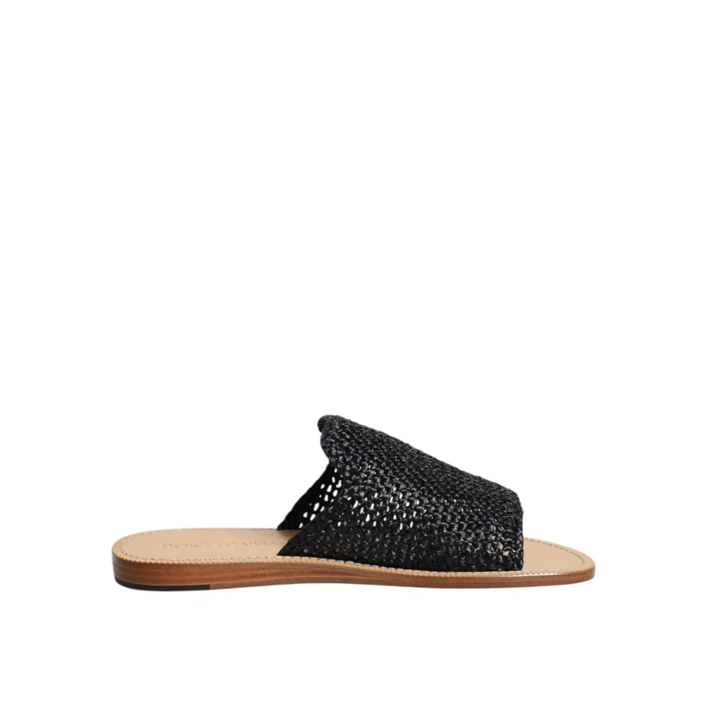 Dolce & Gabbana Men's Black Sliders, 8 Uk, Braided Raffia Slides Shoes