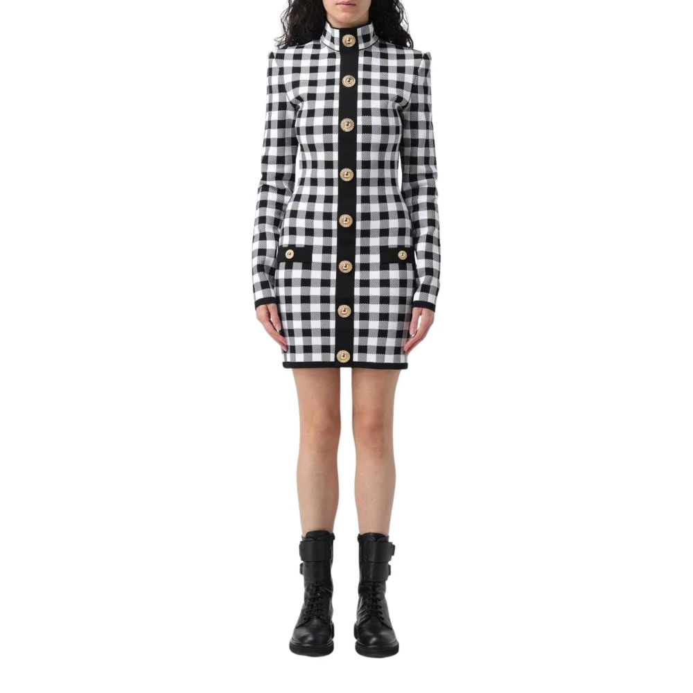 Balmain Women's Gold Elegant Gingham Mini Dress With Buttons