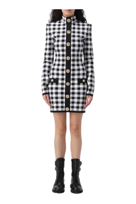 Elegant Gingham Mini Klänning med Guld Knappar
