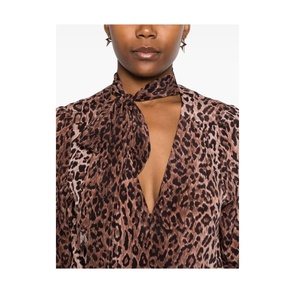 Rixo Luipaardprint Zijden V-hals Shirt Brown Dames