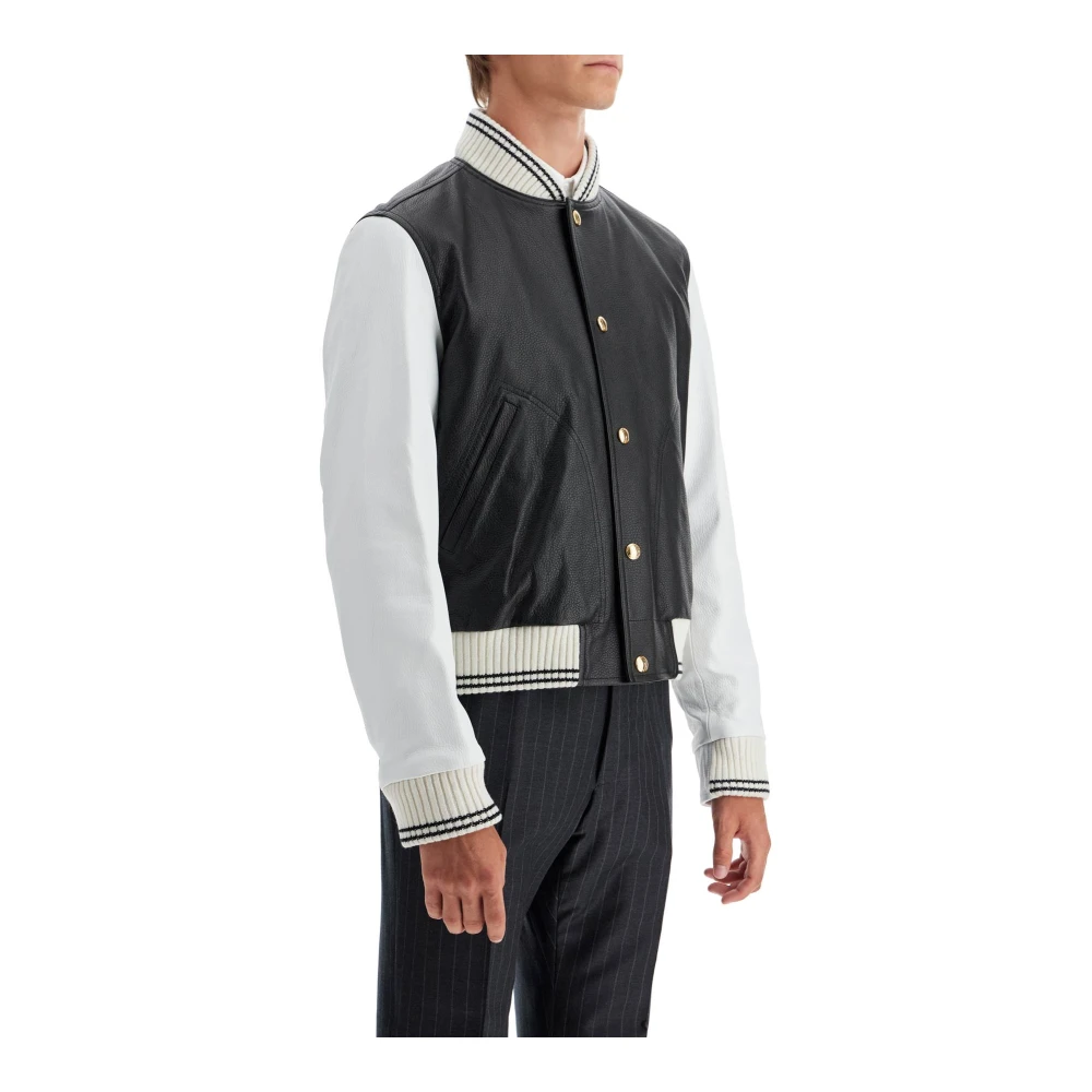 Thom Browne Leren Varsity Bomberjack Black Heren