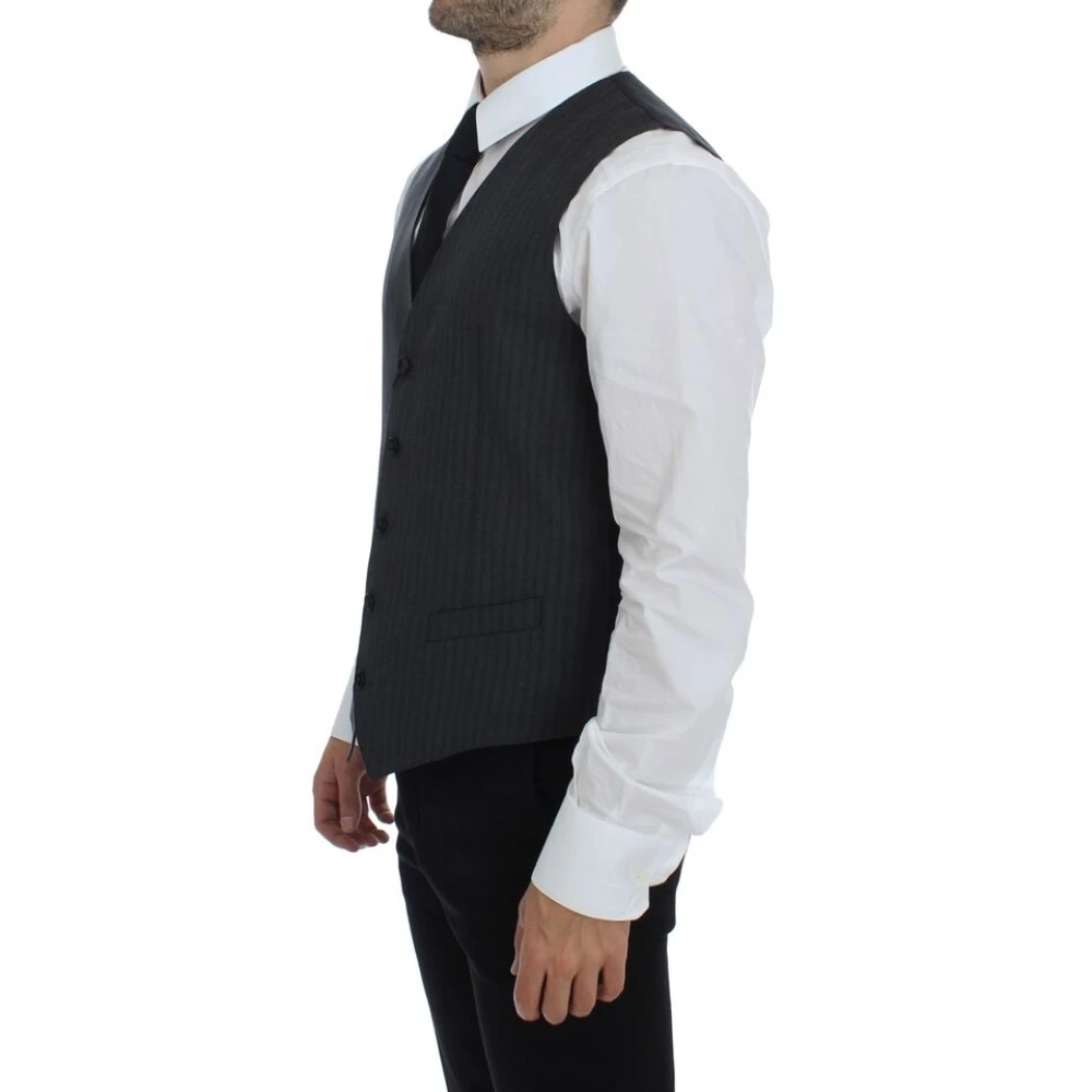 Dolce & Gabbana Elegante Grijze Gestreepte Wollen Jurk Vest Gray Heren