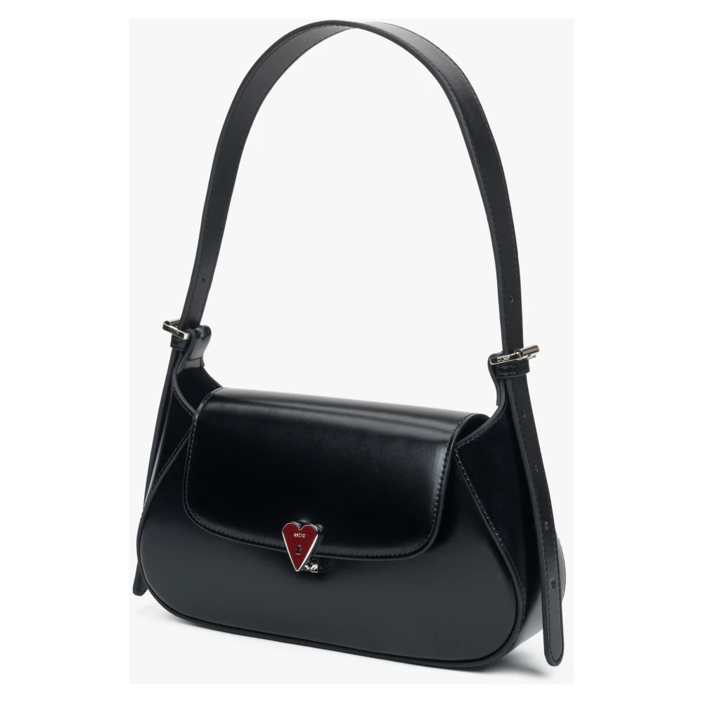 Estro Kleine Zwarte Leren Schoudertas voor Vrouwen met Hartvormige Pin Black Dames