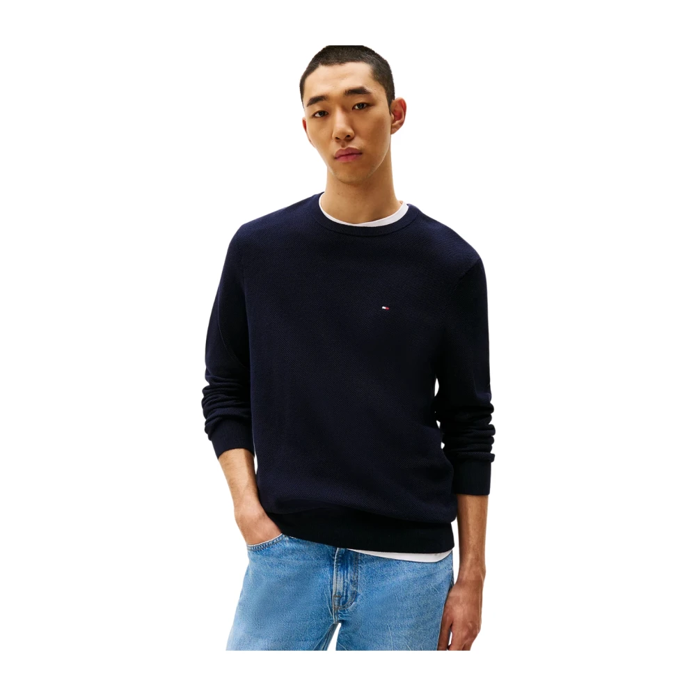 Tommy Hilfiger Gestructureerde Katoenen Trui met Ronde Hals Blue Heren