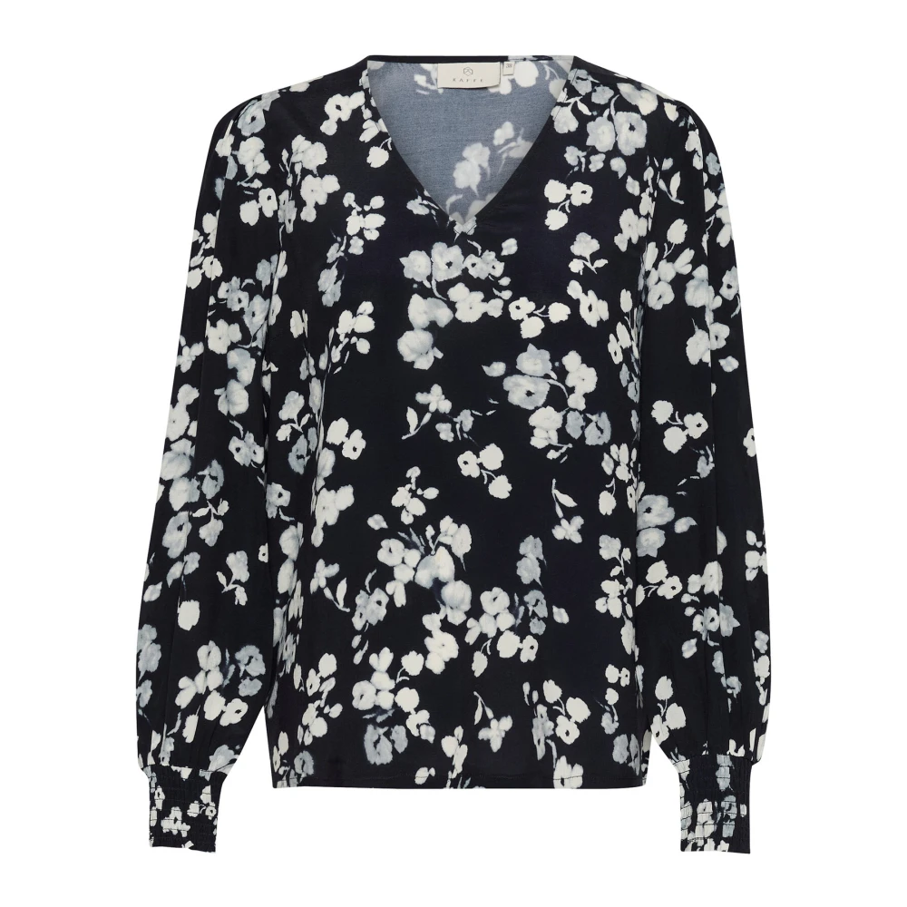 Kaffe Marine Flower Blouse Stijlvolle V-Hals Black Dames