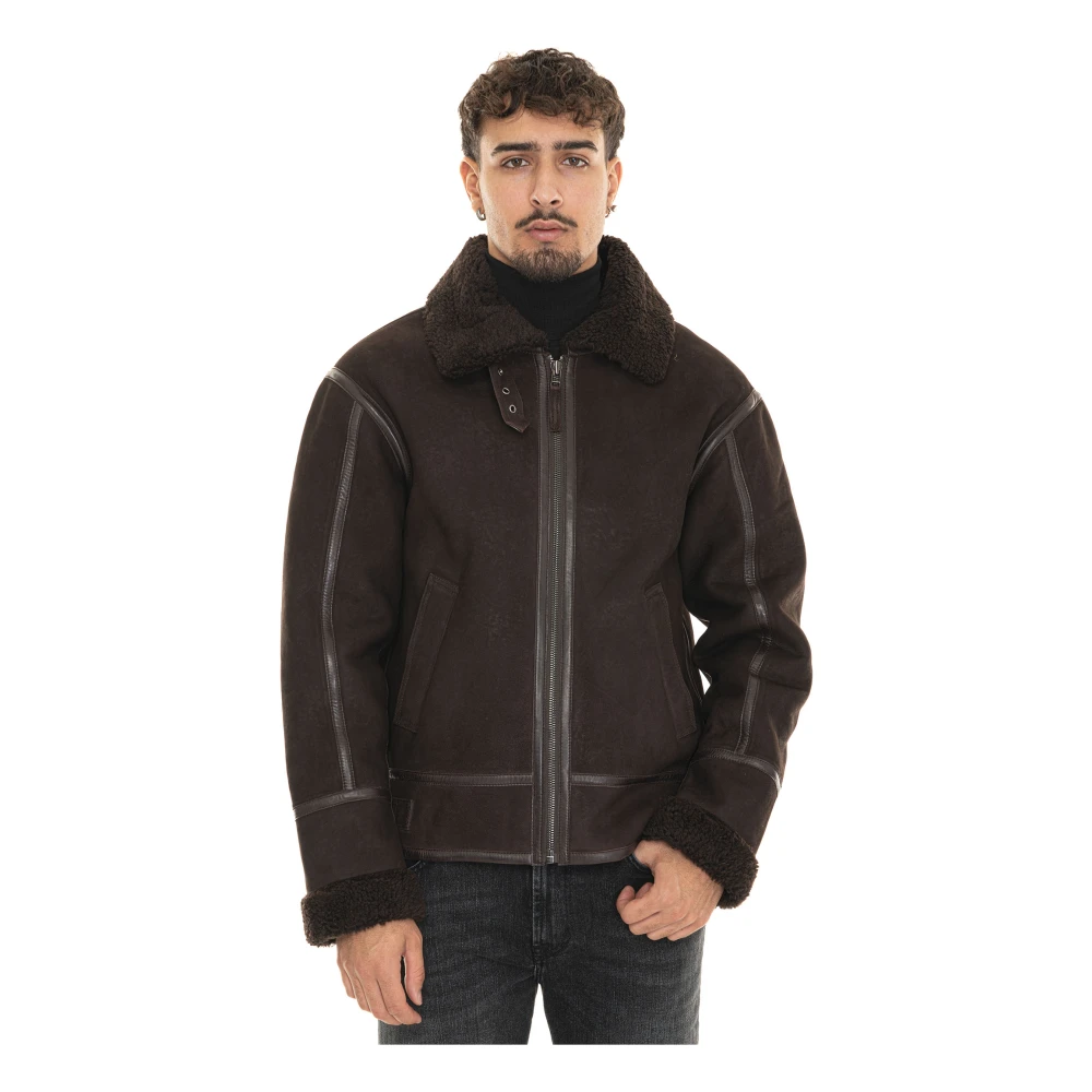 Roy Roger's Shearling Leren Trim Jas met Rits Brown Heren