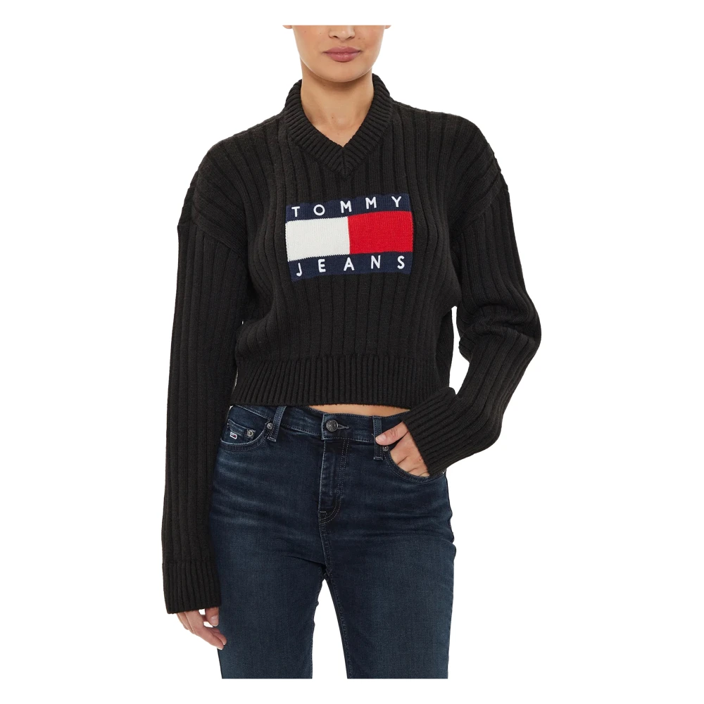 Tommy Jeans Center Flag Sweater Herfst Winter Collectie Black Dames