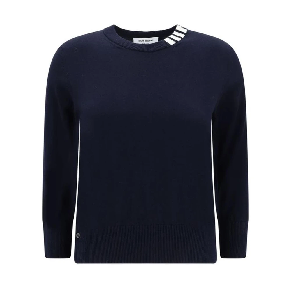 Thom Browne Geribbelde Crew Neck Sweater met Contrasterende Banden Blue Dames