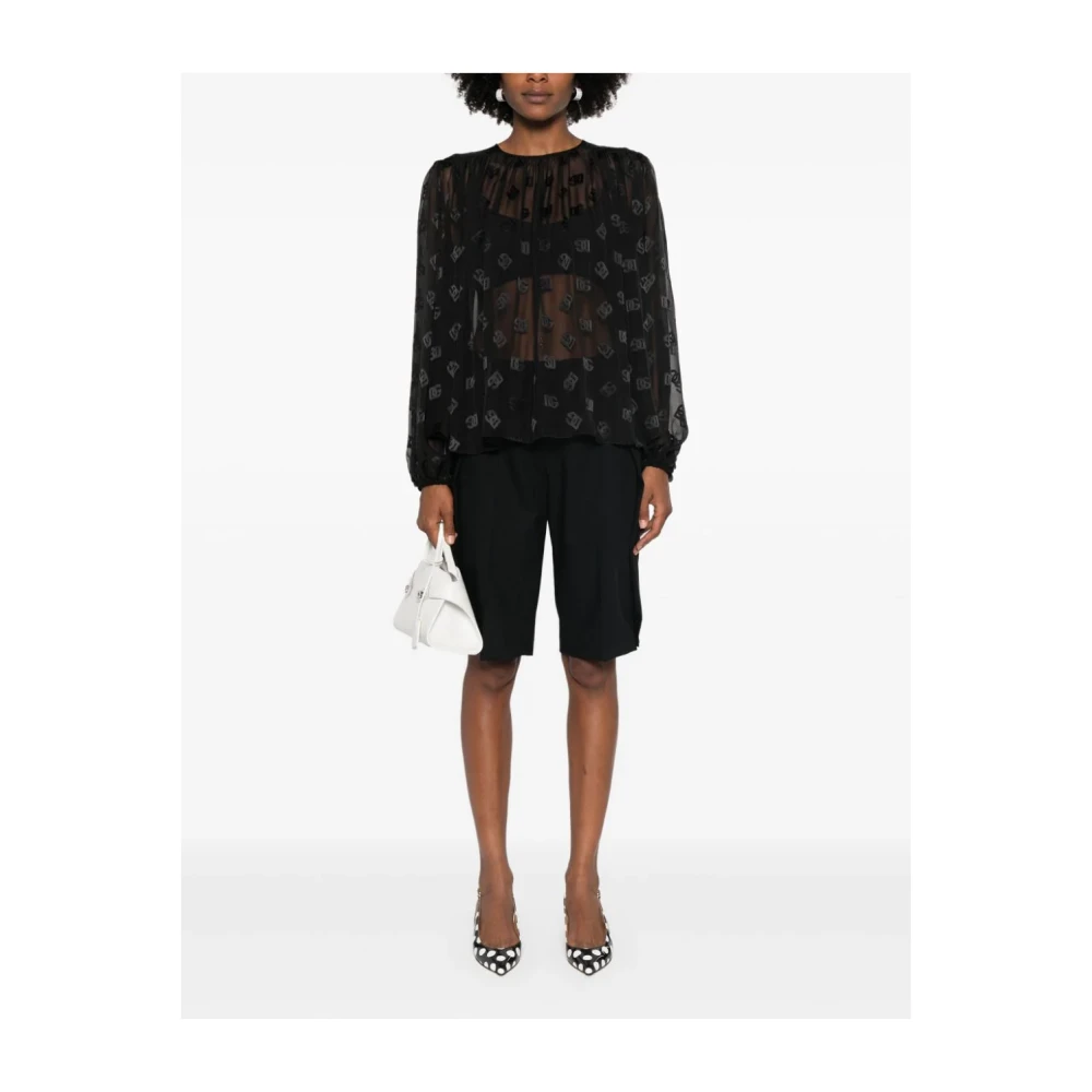 Dolce & Gabbana Jacquard Logo Blouse Zwart Zijde Viscose Black Dames