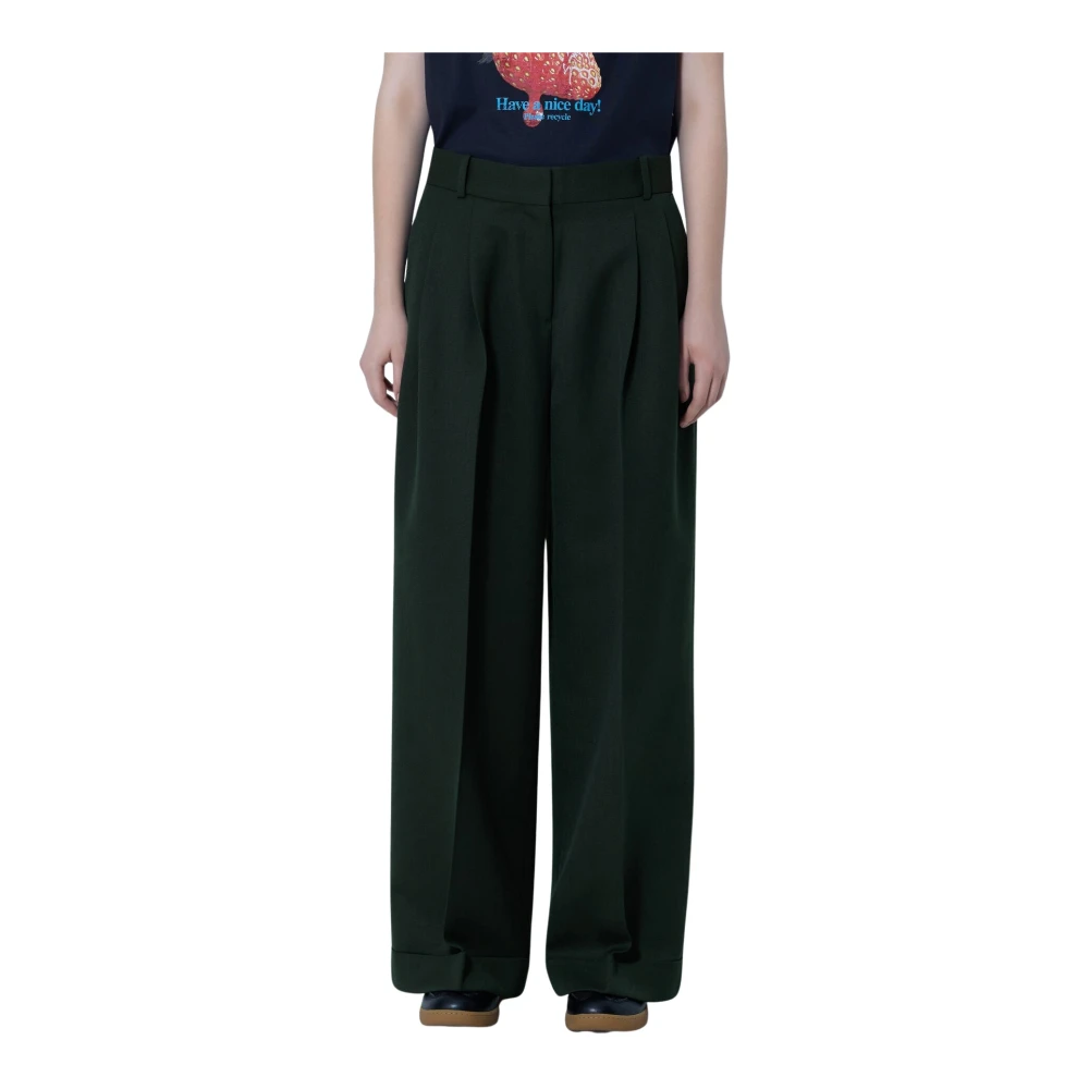 Ganni Single Wool Twill Oversized Pleated Pants - Woman Pants Green Fr - 34 - Immagine 2