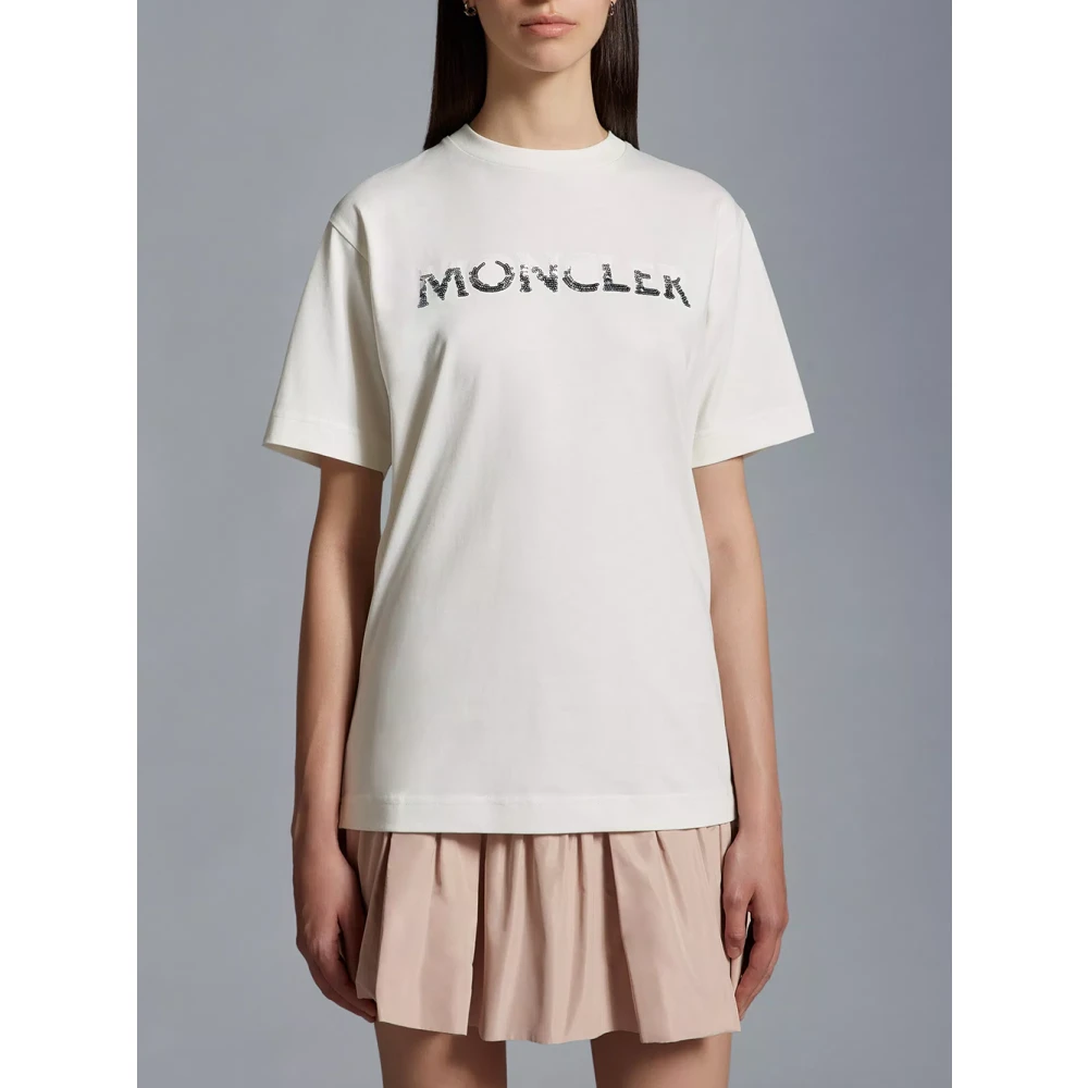 Moncler Witte Geribbelde T-shirts en Polos met Paillet Logo White Dames