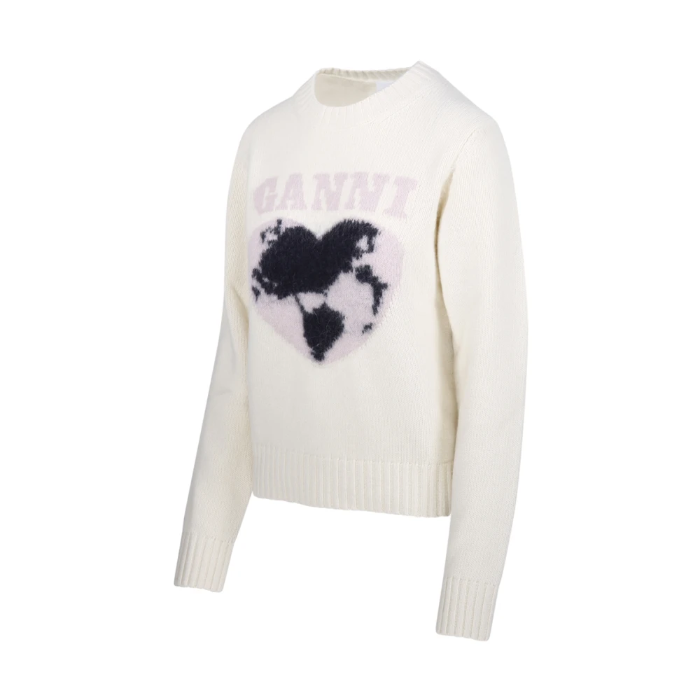 Ganni Grafische Zachte Wol O-Hals Trui Beige Dames