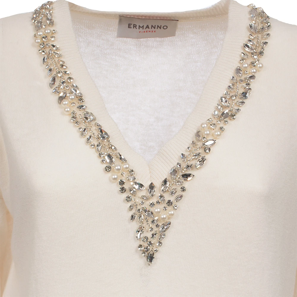 Ermanno Scervino Geborduurde Gebreide Top V-Hals Stijl Beige Dames