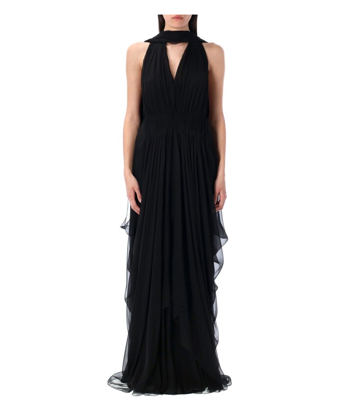 zwarte-zijden-chiffon-v-hals-jurk