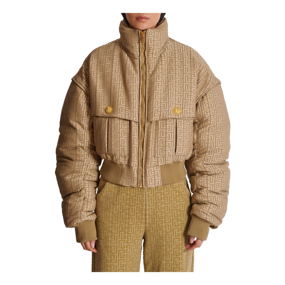 Balmain PB Labyrinth cropped jacquard bomber Beige Dames