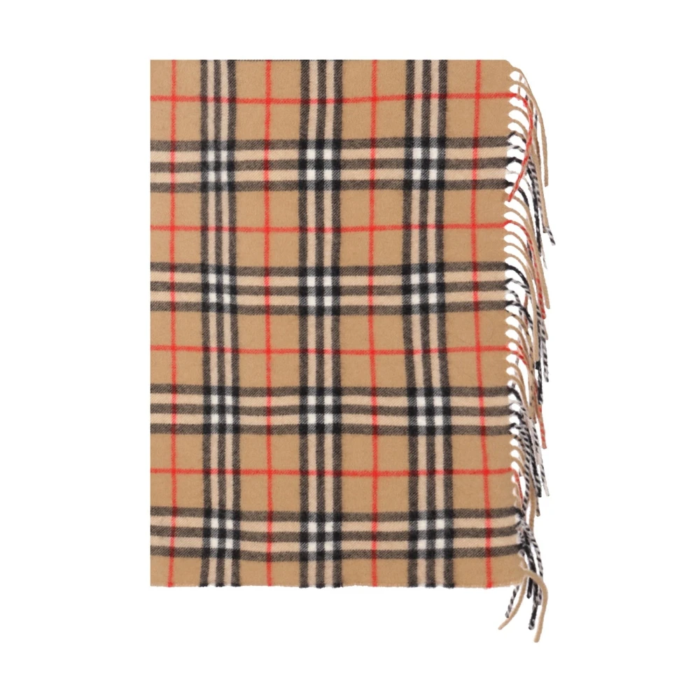 Burberry Geruite Cashmere Sjaal Franje Afwerking Beige Dames