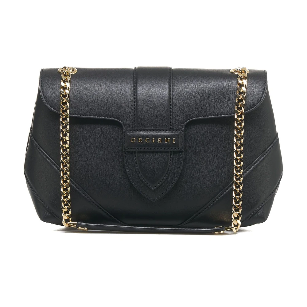Orciani Zwarte Leren Schoudertas met Kettingriem Black Dames