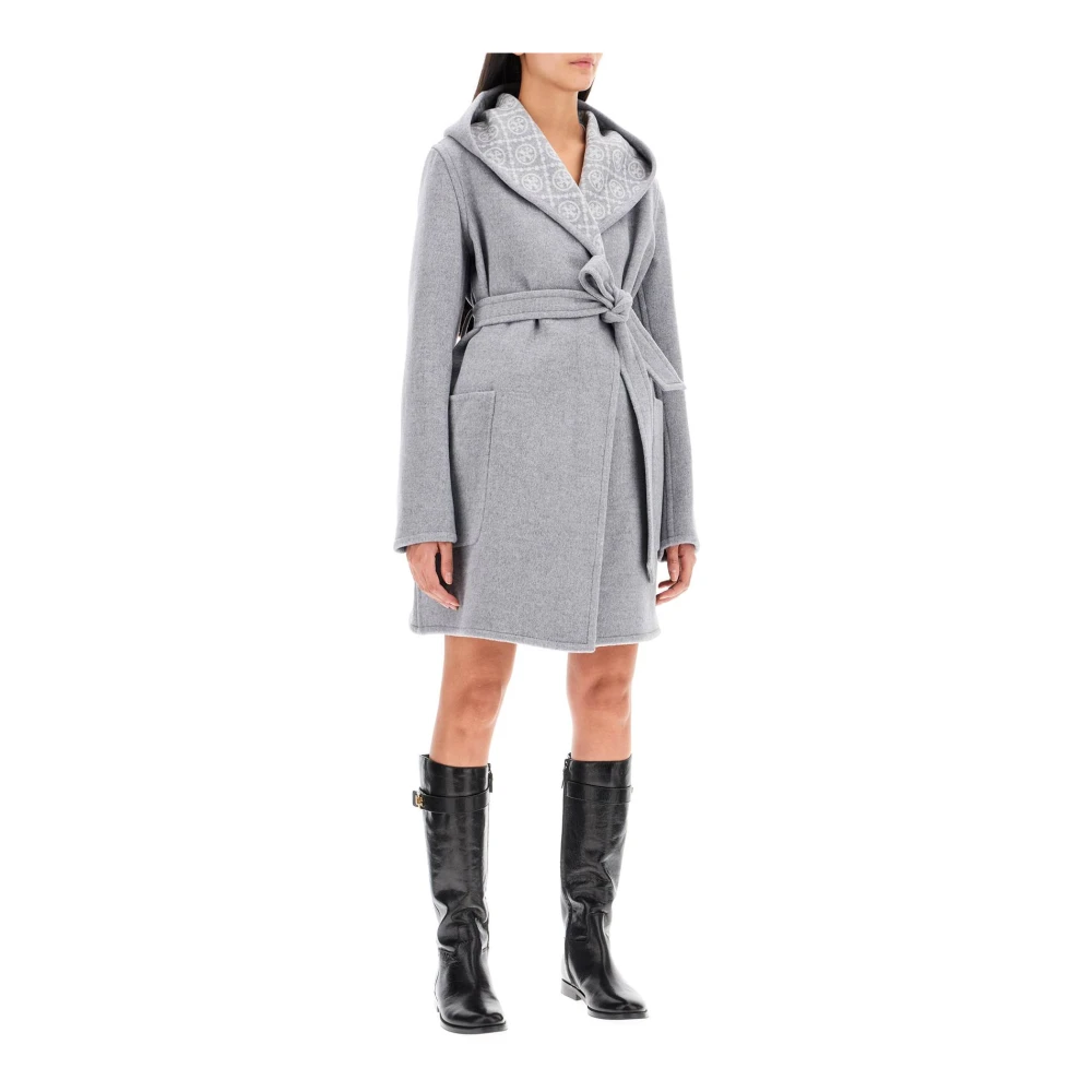 TORY BURCH Wollen Hooded Wrapjas Gray Dames