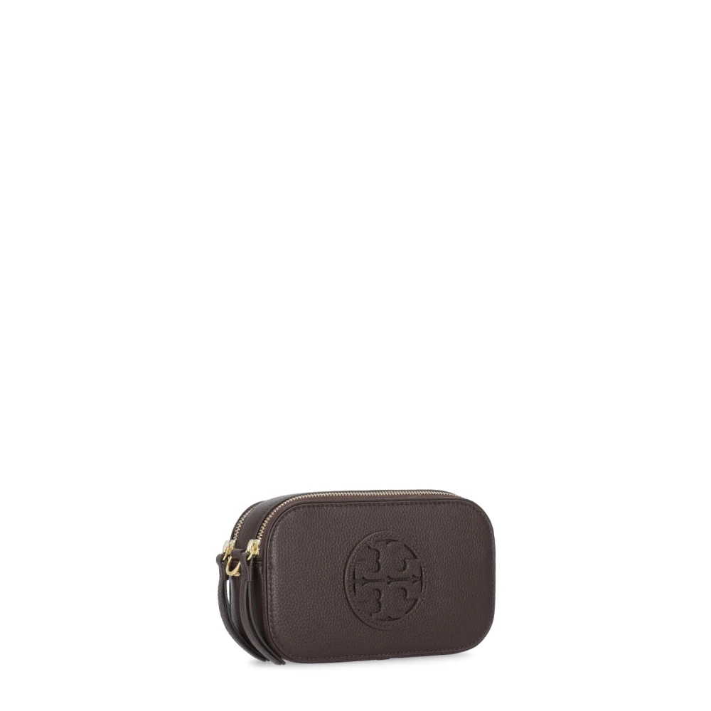 TORY BURCH Bruine leren schoudertas met dubbel T-logo Brown Dames