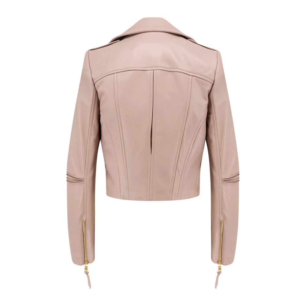 Elisabetta Franchi Gestikte leren jas met asymmetrische rits Pink Dames