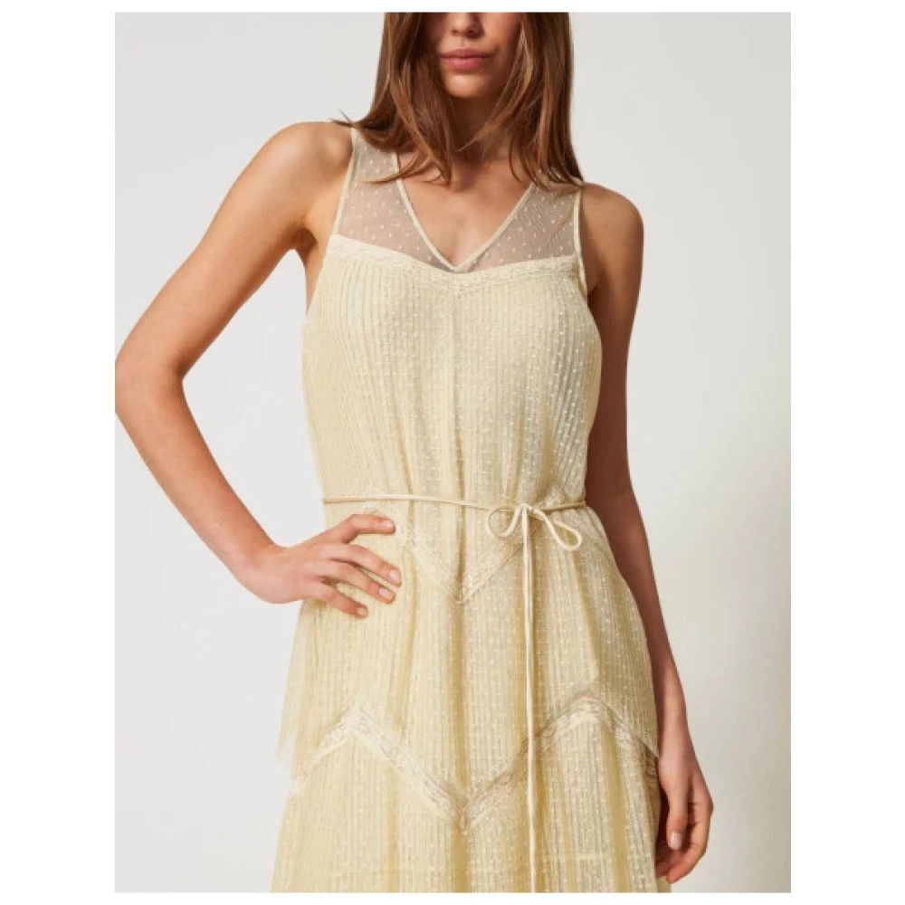 Twinset Lange Tule Jurk met Kant Details Beige Dames