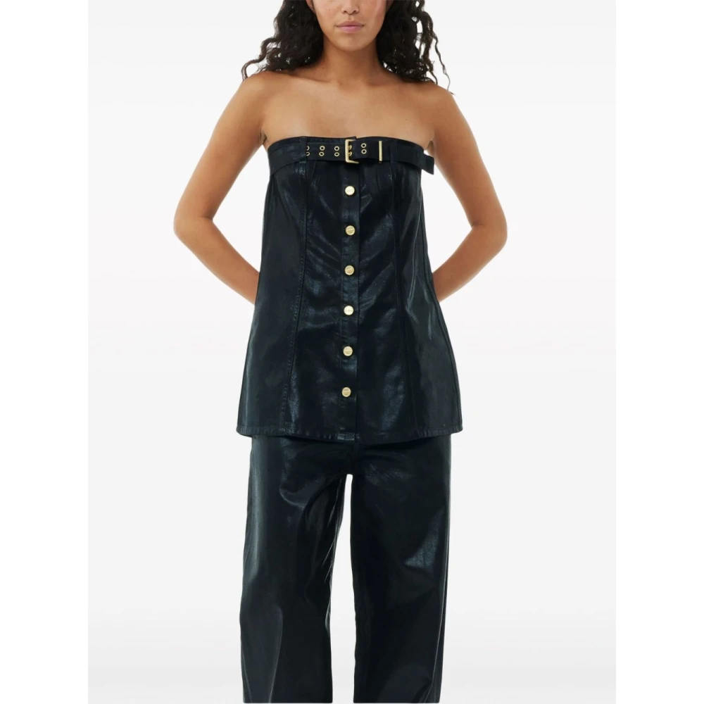 Ganni Zwarte Foil Denim Corsage Top Black Dames
