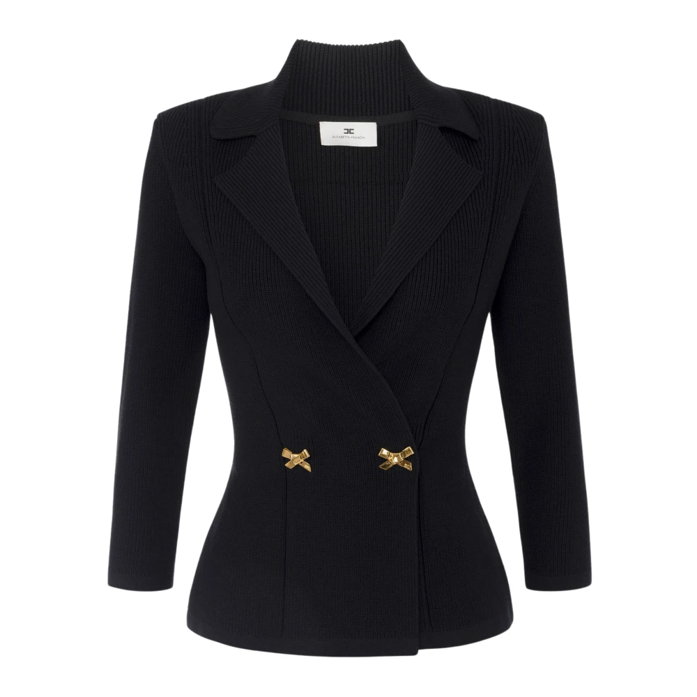 Elisabetta Franchi Svart stickad blazer med juvelbågar Black, Dam