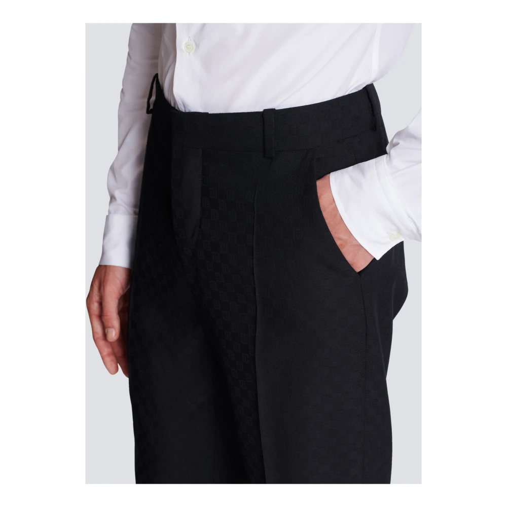 Balmain Monogram Wool Trousers Black Heren