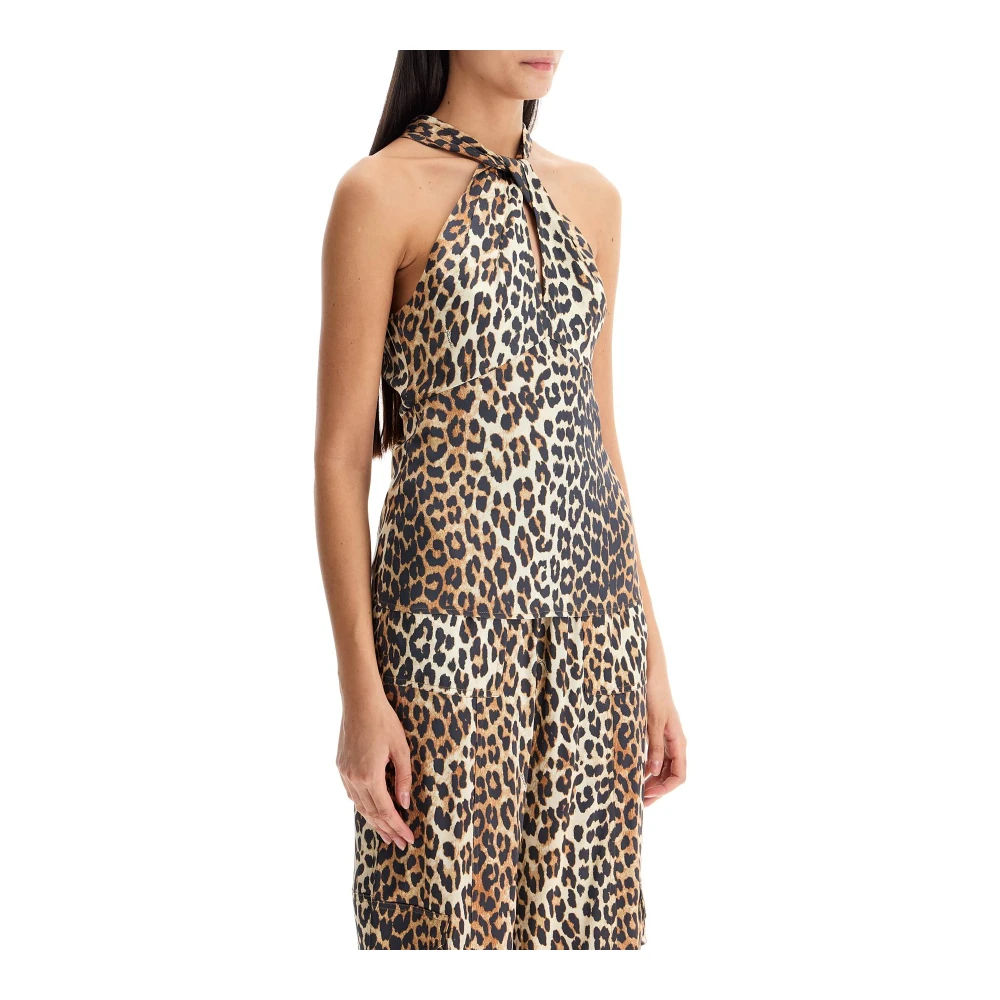 Ganni Leopard Print Satin Halter Top Brown Dames