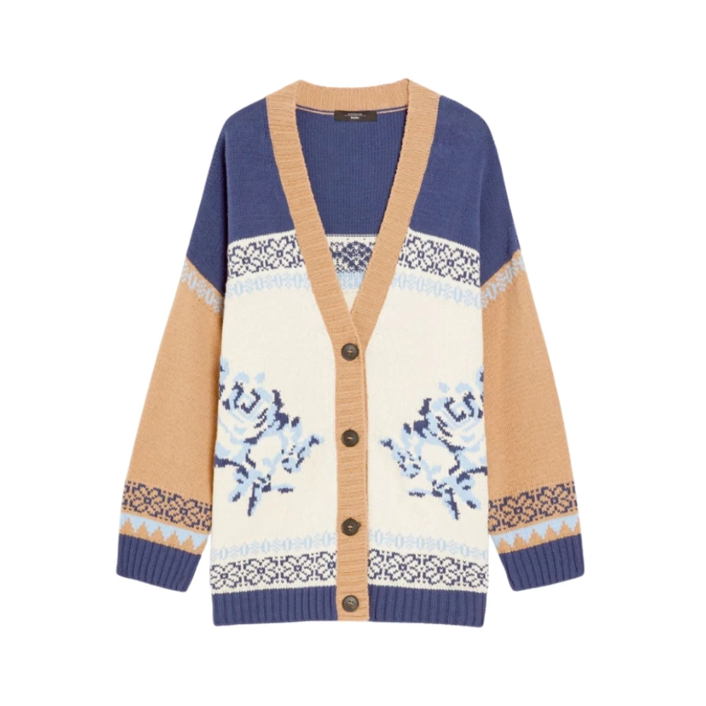 Max Mara Jacquard V-Neck Cardigan Henry Blauw Beige Multicolor Dames