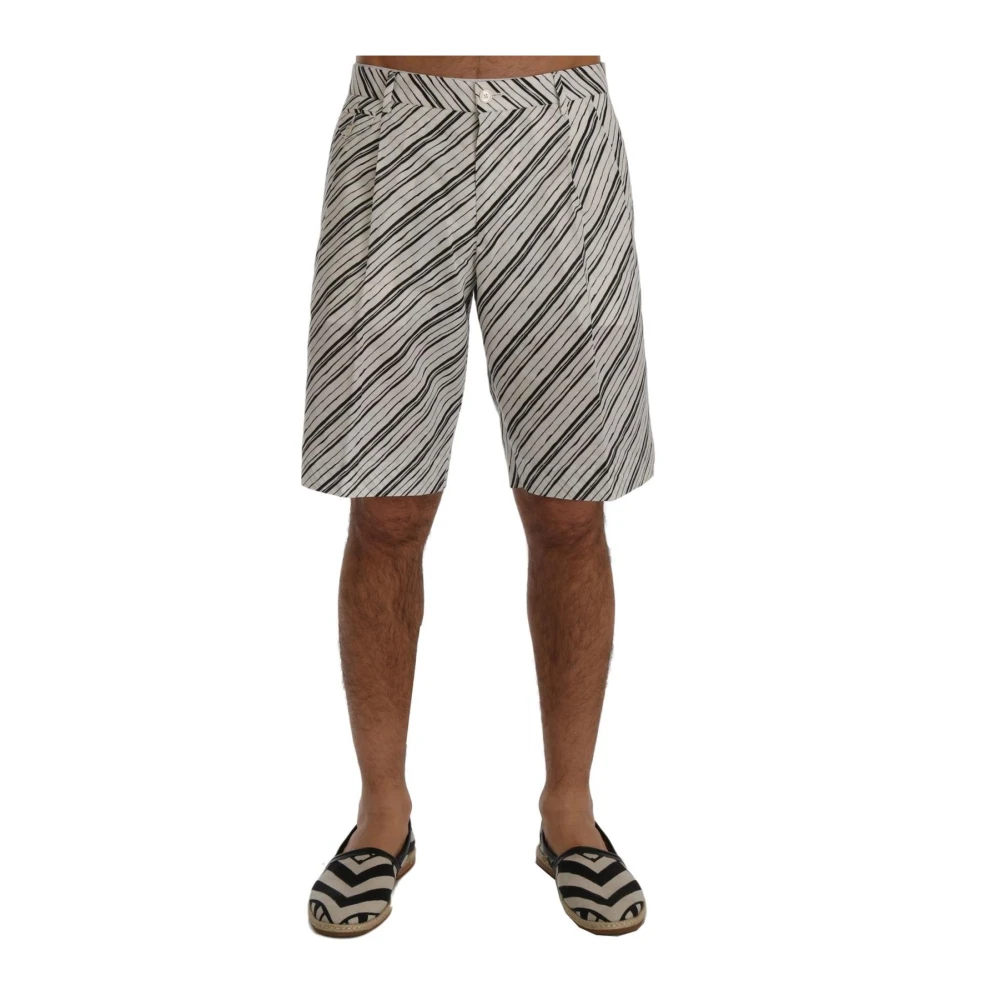 Dolce & Gabbana Men's Gray Striped Casual Shorts With Logo Details - Casual Shorts - Xs - Shorts