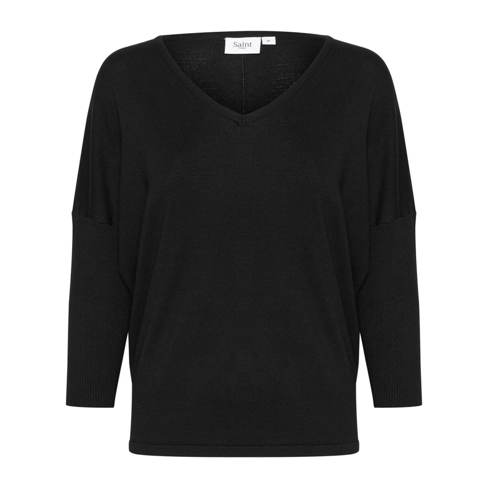 Saint Tropez V-ringad Stickad Pullover Lättviktskvalitet Black, Dam