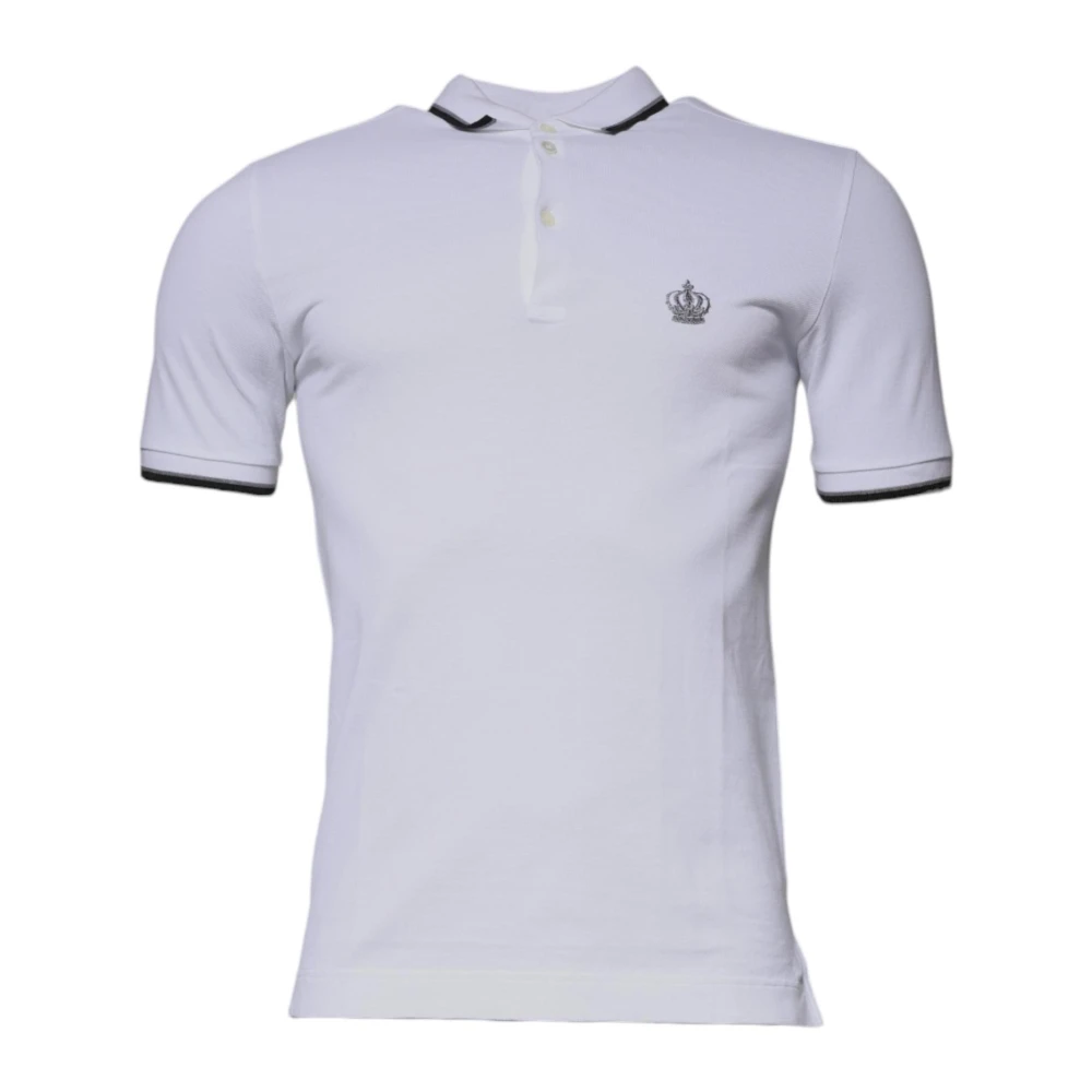 Dolce & Gabbana Men's White Crown Embroidered Cotton Polo T-Shirt