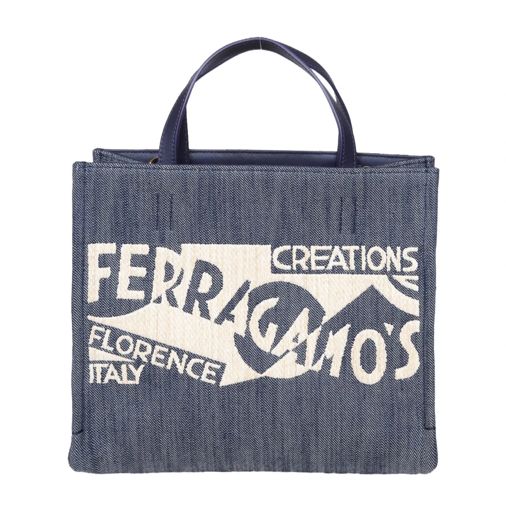 Salvatore Ferragamo Denim Tote Tas met Leren Details Blue Dames