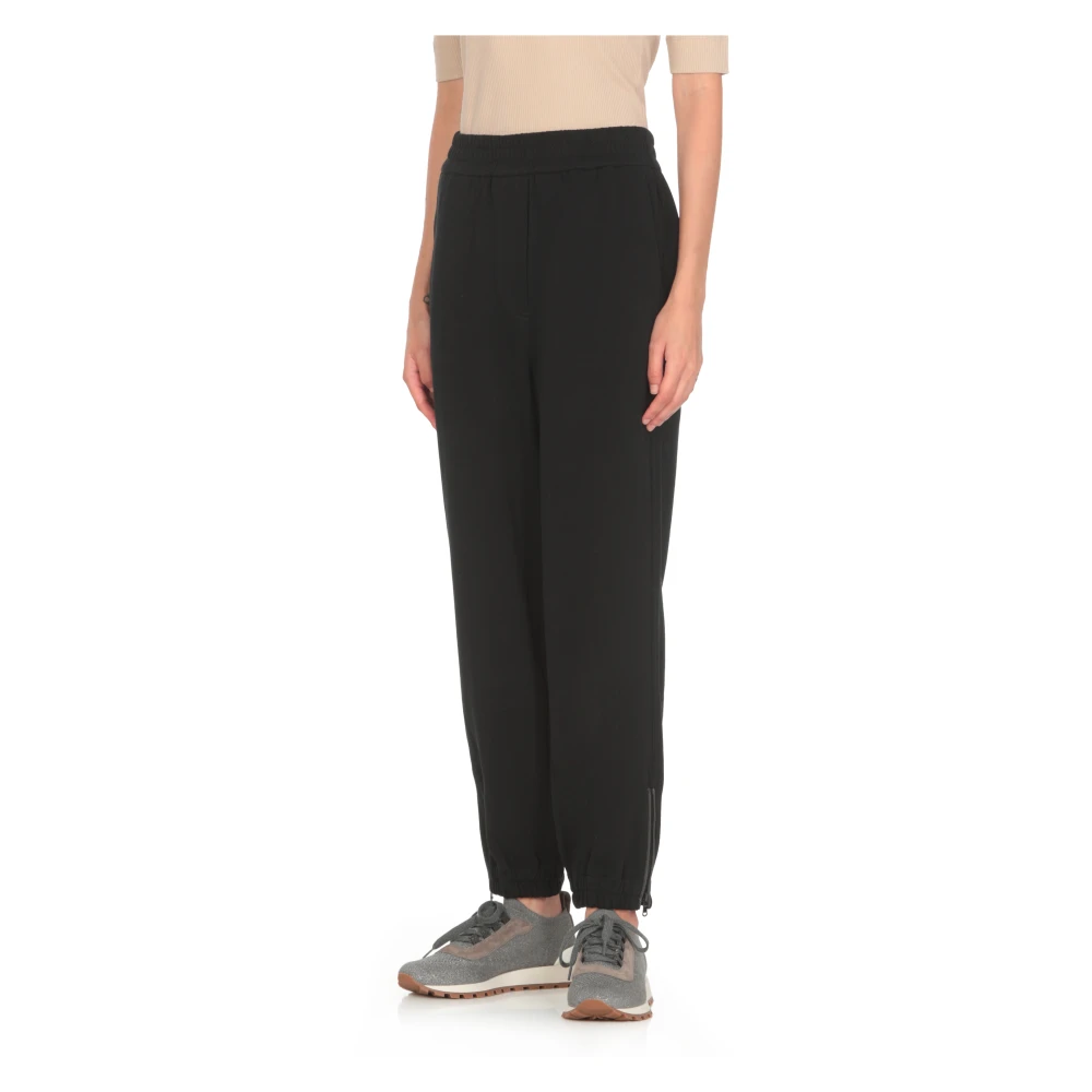 BRUNELLO CUCINELLI Zwarte Katoenen Broek Elastische Taille Rits Black Dames