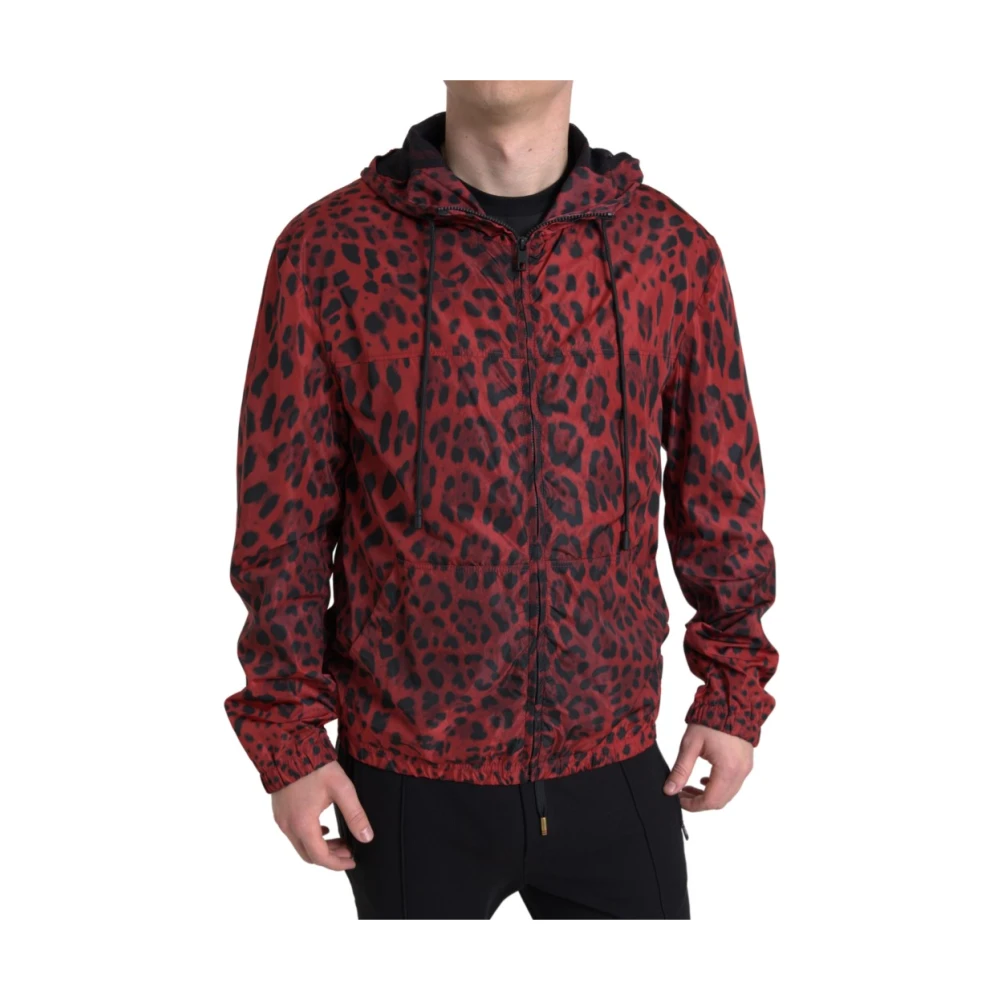 Dolce & Gabbana Men's Red Bold Leopard Hooded Bomber Jacket