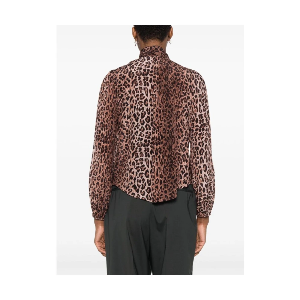 Rixo Luipaardprint Zijden V-hals Shirt Brown Dames