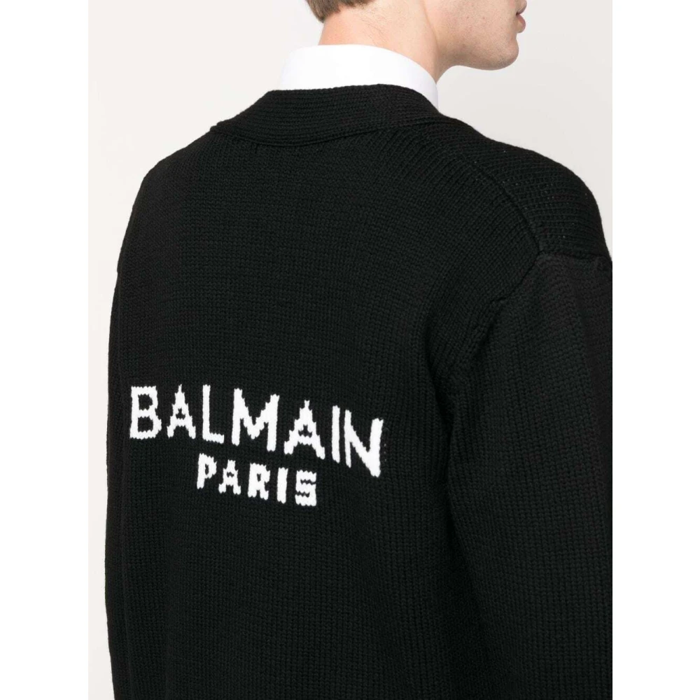 Balmain Intarsia-Gebreide Logo V-Hals Cardigan Black Heren