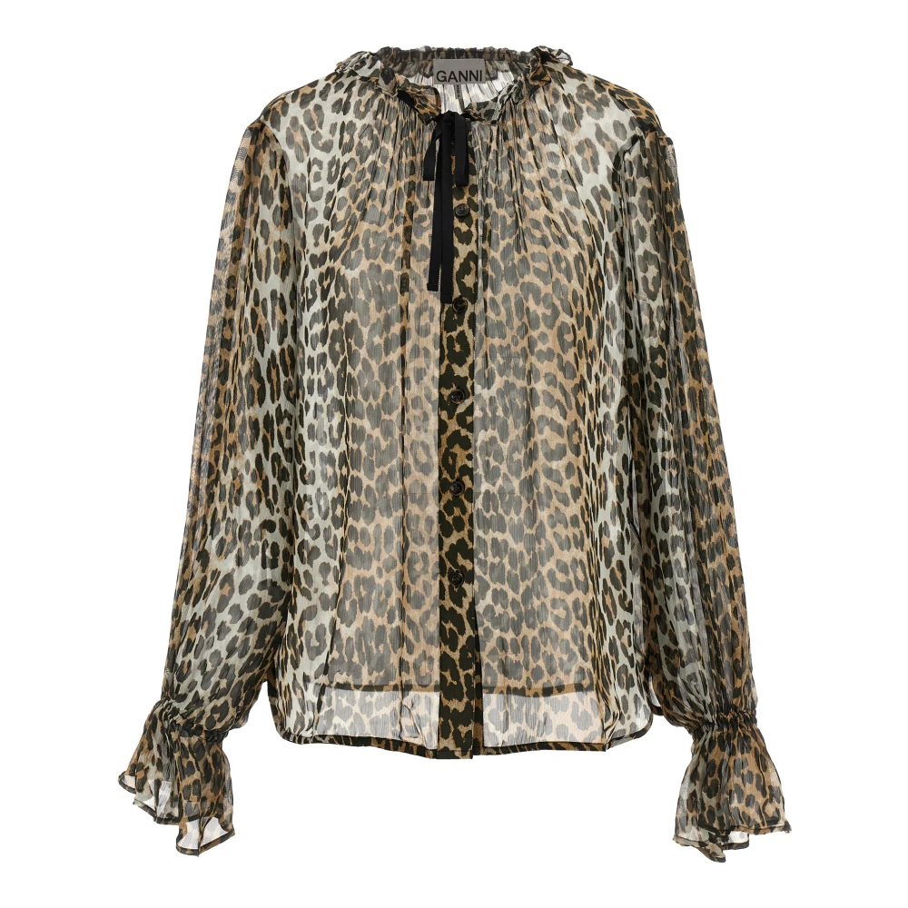 Ganni Women's Brown Leopard Print Chiffon Tie String Shirt - Blouses - Xs - Blouses & Shirts