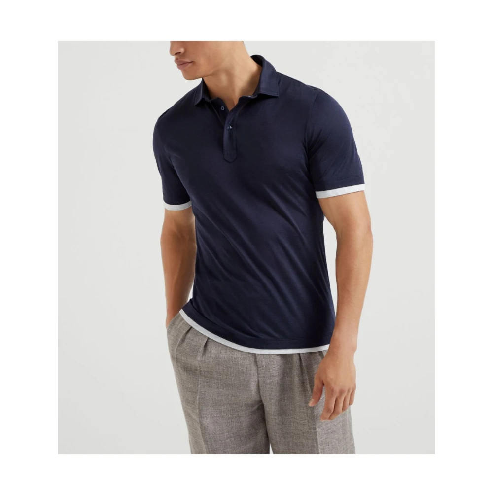 BRUNELLO CUCINELLI Blauw Poloshirt met Gelaagde Details Blue Heren