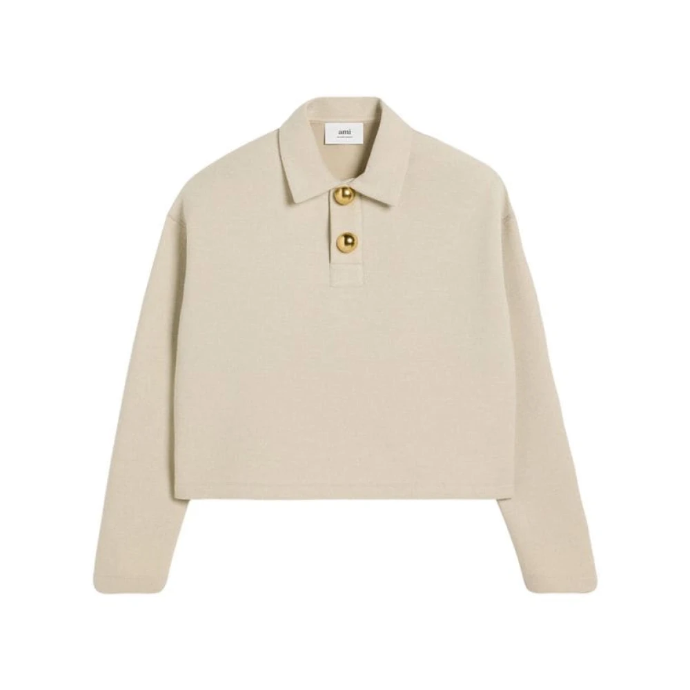 Ami Paris Korte Beige Polo Shirt met Gouden Knopen Beige Dames