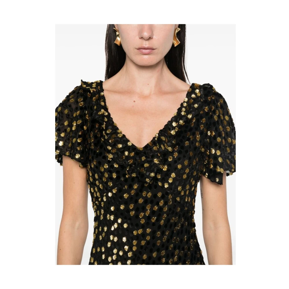 Rixo Polka Dot V-hals Ruffle Jurk Black Dames