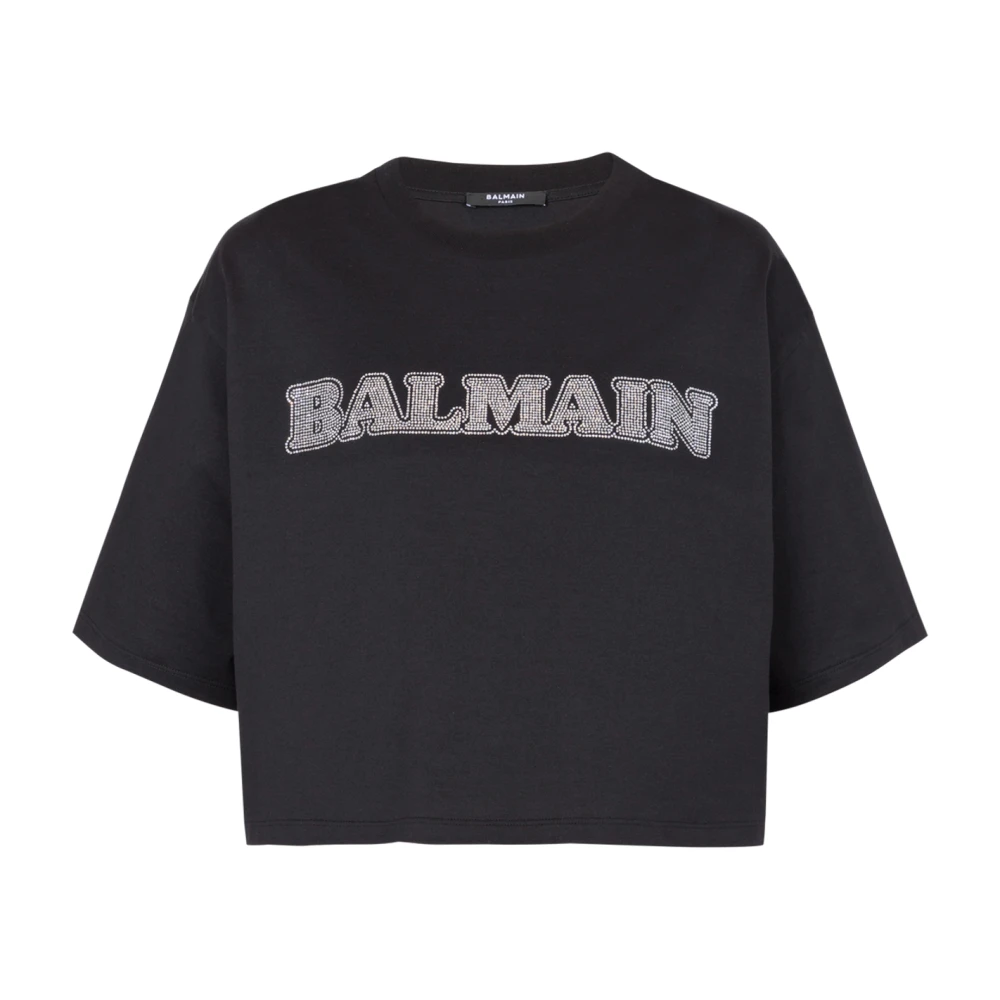 Balmain Cropped Rhinestone T-Shirt Black, Dam