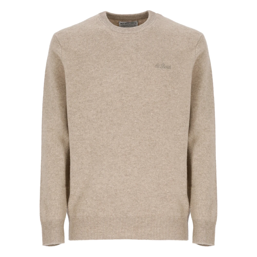 Saint Barth Beige Wol Crewneck Sweater Geborduurd Logo Beige Heren