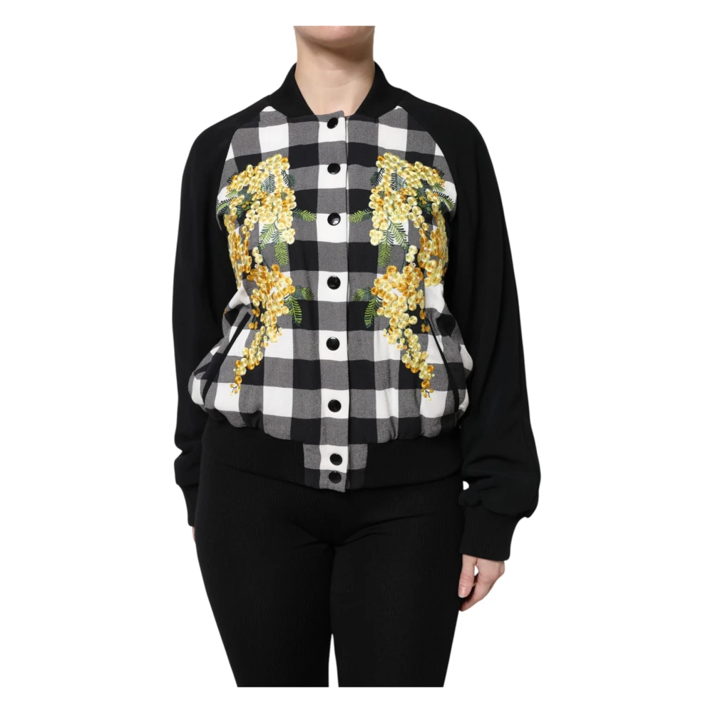 Dolce & Gabbana Multicolor Black White Check Floral Button Down Jacket - Female - Bomber Jackets - L - Jackets