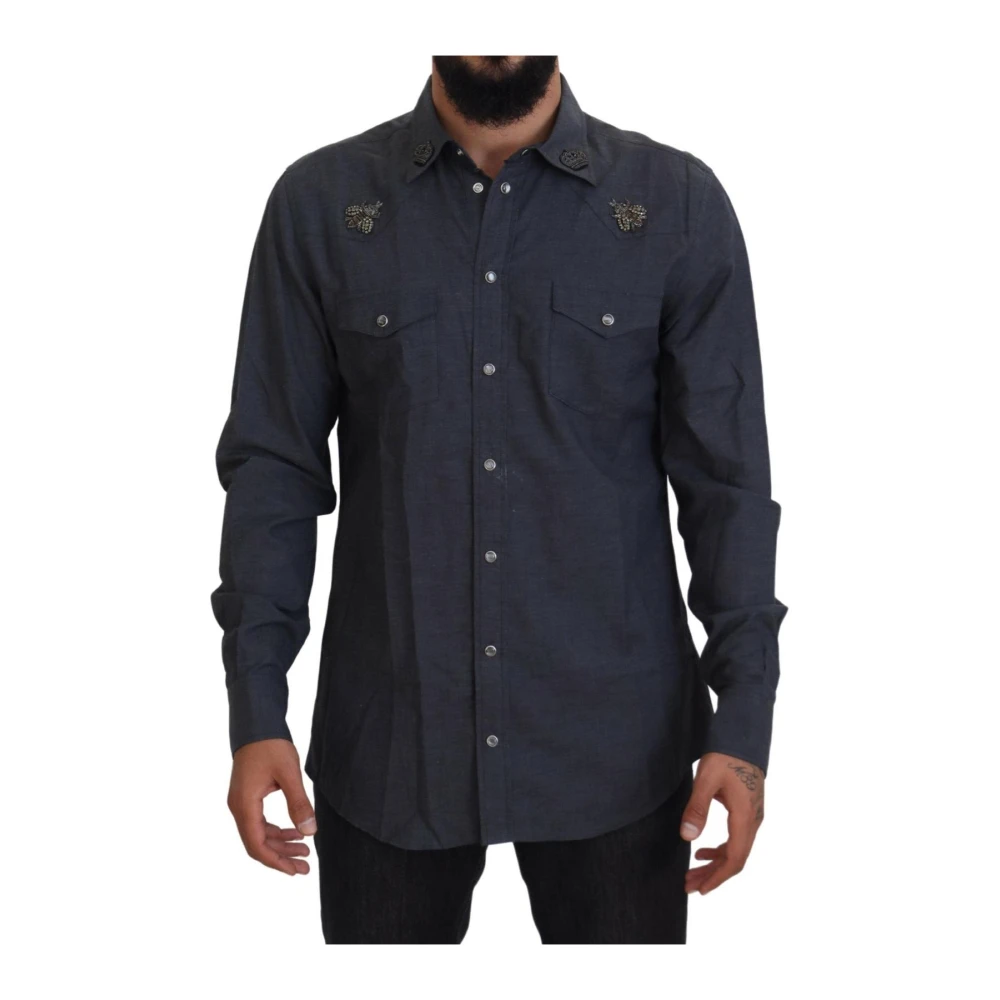 Dolce & Gabbana Men's Blue Western Shirt With Bee Embellishts