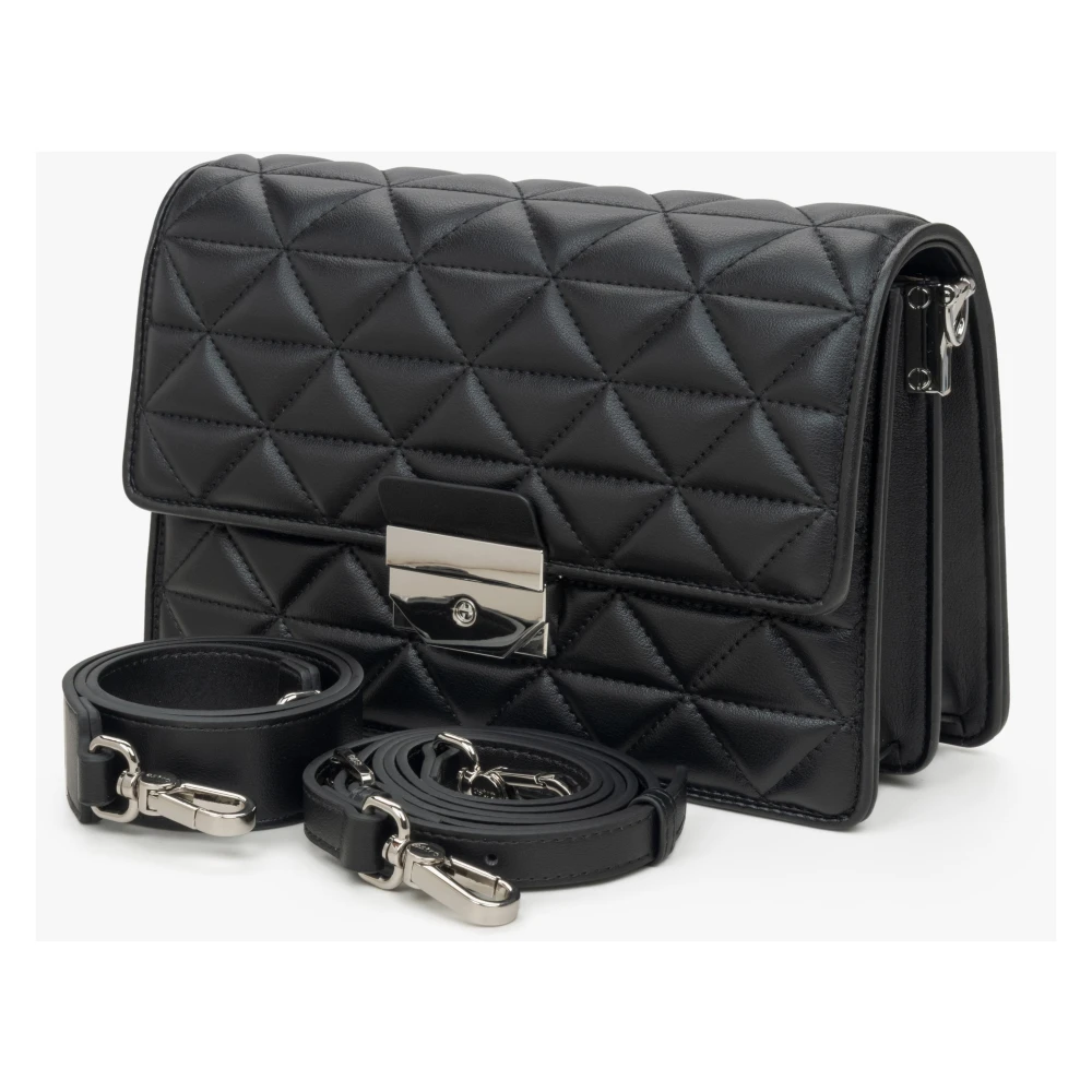 Estro Zwarte Gewatteerde Leren Schoudertas Voor Vrouwen Met Zilveren Details Er00115791 Black Dames