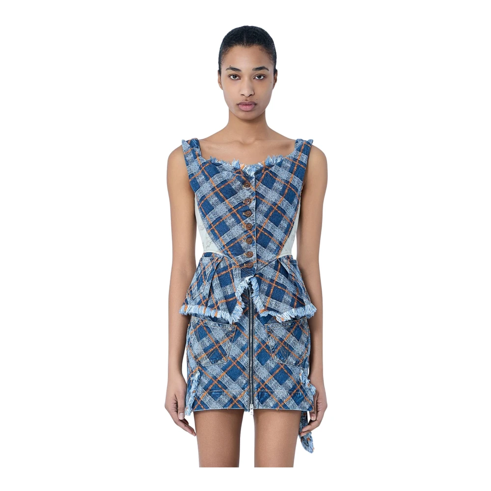 Vivienne Westwood Women's Blue Frayed Plaid Mini Dress, Short Dresses, Xs, Dresses