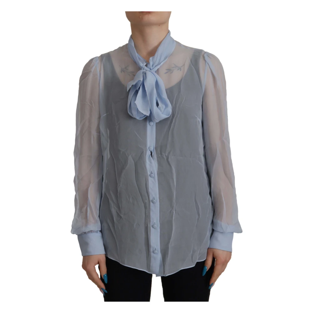 Dolce & Gabbana Light Blue Silk Ascot Collar Long Sleeves Top - Female - Shirts - Blue - S - Blouses & Shirts