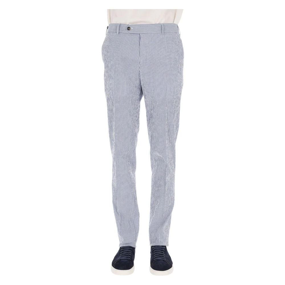 Pt Torino Uomo Blu - Pantalone In Seersucker Rigato Di Cotone Slim Jogger Fit - Trousers - L